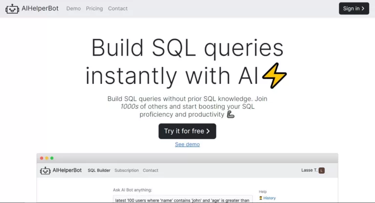 Build SQL queries instantly with AI. Build SQL queries without prior SQL knowledge. Join 1000s of others and start boosting your SQL proficiency and productivity. Also supports NoSQL databases like MongoDB.-find-Free-AI-tools-Victrays.com_