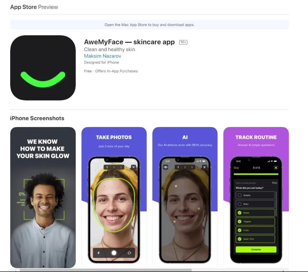 AweMyFace is a skincare app and AI-powered guide to perfect skin. Take a photo of your face and our artificial intelligence will find acne and show the percentage of the affected area of each zone: forehead