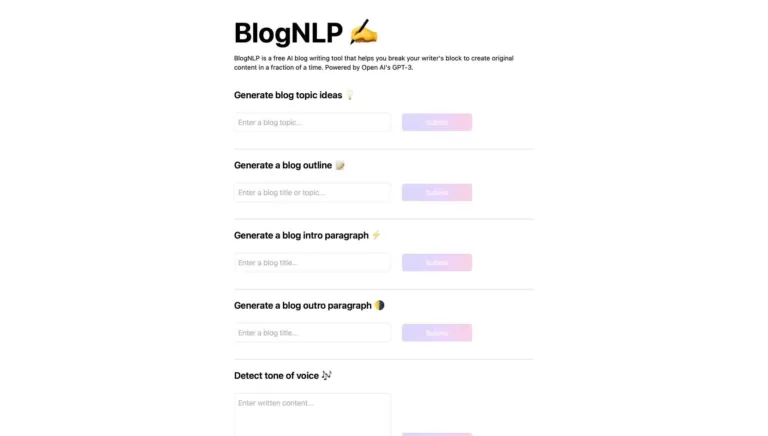 BlogNLP is a free AI blog writing tool that helps you break your writer's block to create original content in a fraction of a time.-find-Free-AI-tools-Victrays.com_