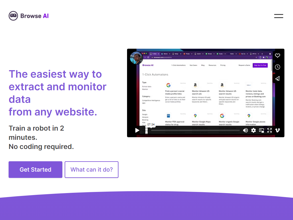 The easiest way to extract and monitor data from any website. Train a robot in 2 minutes. No coding required.-find-Free-AI-tools-Victrays.com_