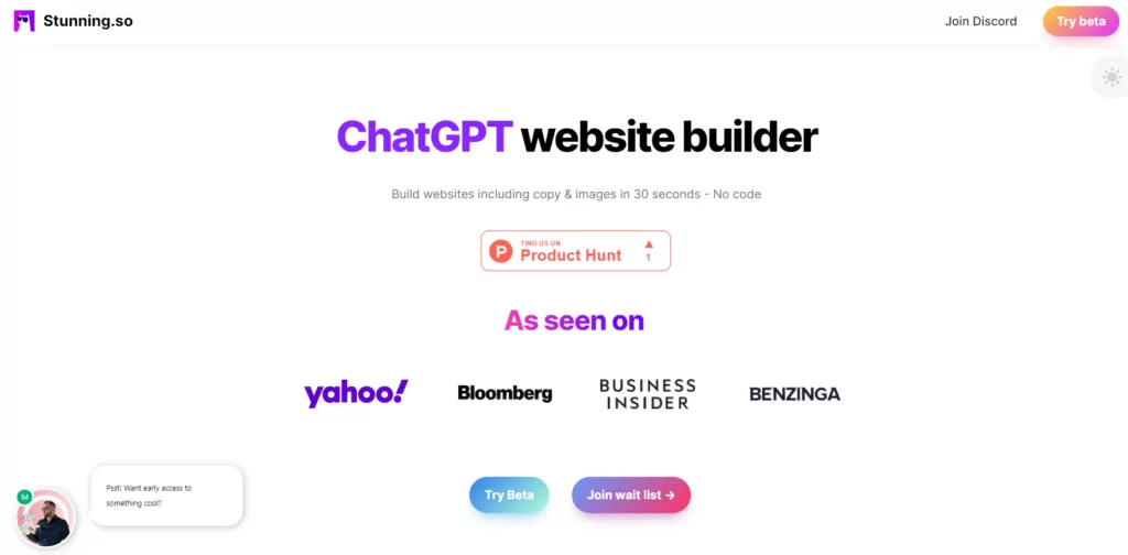 Build websites including copy & images in 30 seconds. Fill in the form and have an AI generate website built and ready at your disposal complete with text