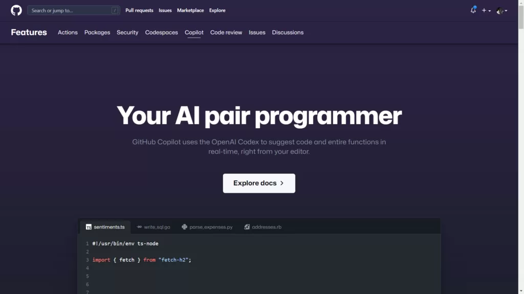 Your AI pair programmer. GitHub Copilot uses the OpenAI Codex to suggest code and entire functions in real-time