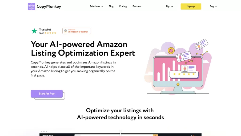 CopyMonkey generates and optimizes Amazon listings in seconds. AI helps place all of the important keywords in your Amazon listing to get you ranking organically on the first page.-find-Free-AI-tools-Victrays.com_