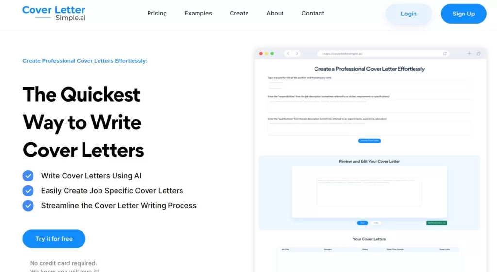 CoverLetterSimple.ai makes it simple for users to write cover letters tailored to particular jobs. Users can enter a job title and description