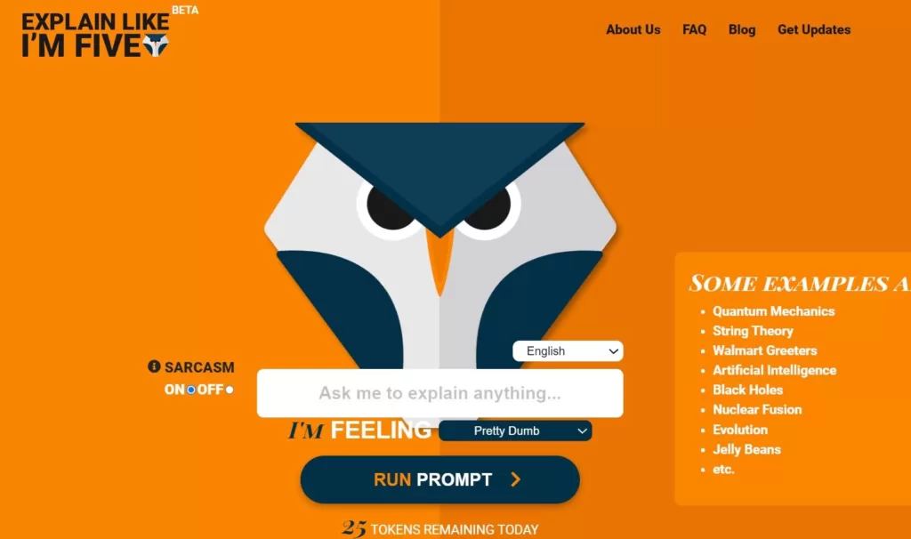 Explain Like I'm Five (ELI5) is a website that simplifies complex topics using AI so that even a child can understand them. Users can select a specific topic and choose how dumbed-down they want the explanation to be