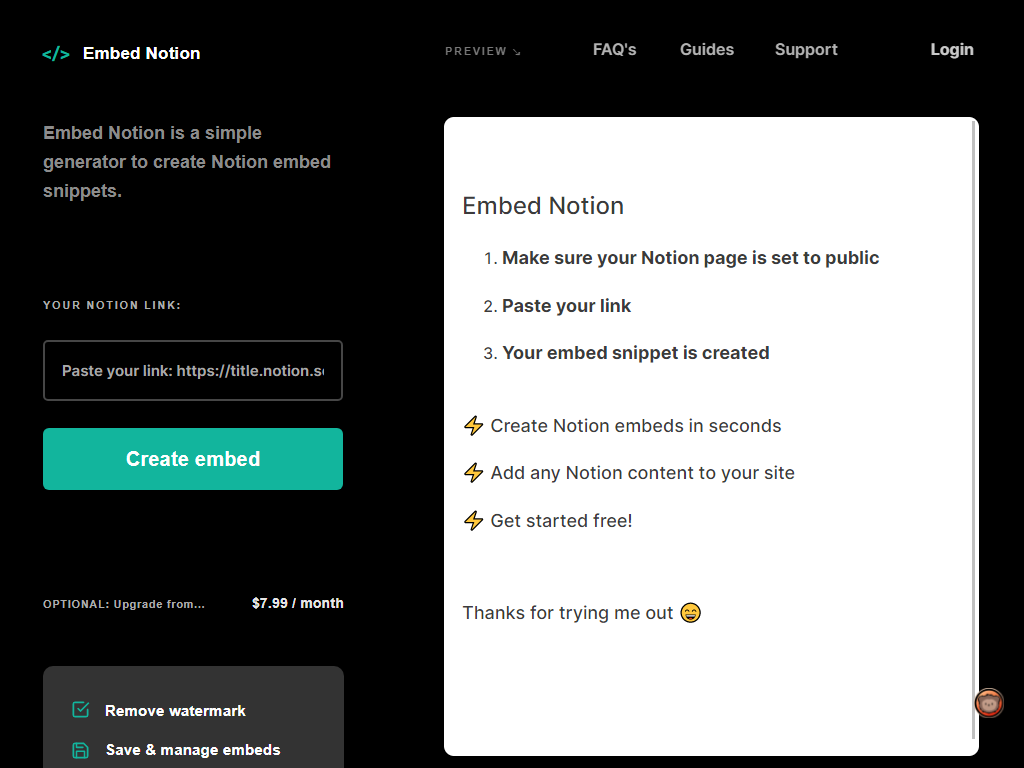 Embed Notion is a simple generator to create Notion embed snippets. Easily embed Notion on your website in seconds.-find-Free-AI-tools-Victrays.com_
