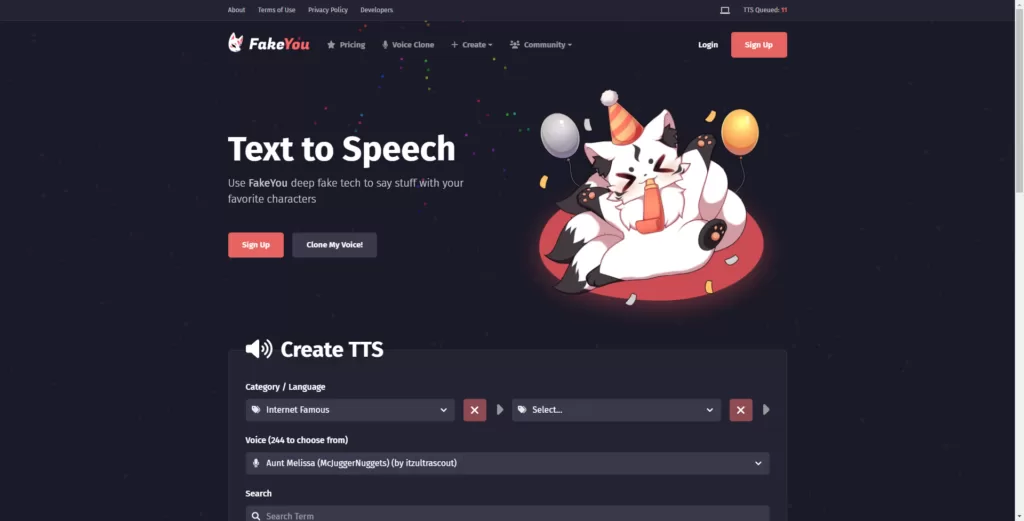 Use FakeYou to convert text to speech and say stuff with your favorite characters. Also get your own voice clone to use with music