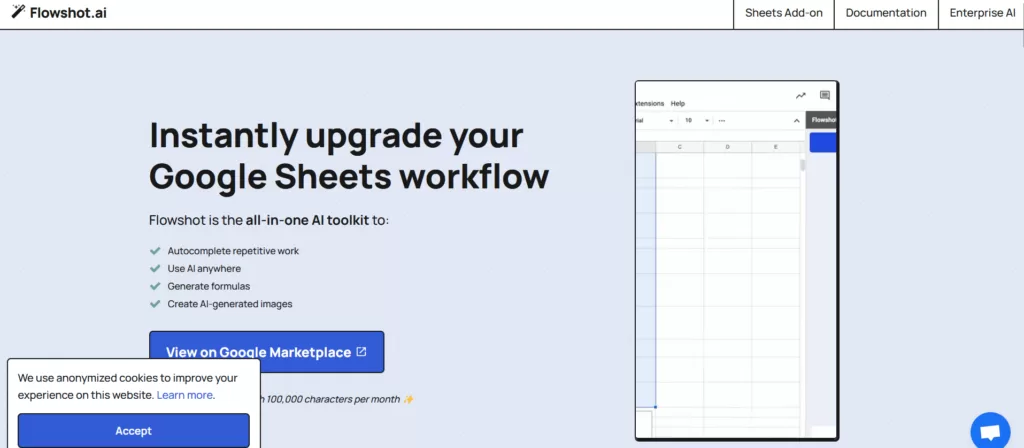 Flowshot is the all-in-one AI toolkit that integrates with the workflows of 2 billion Google Sheets users. Now