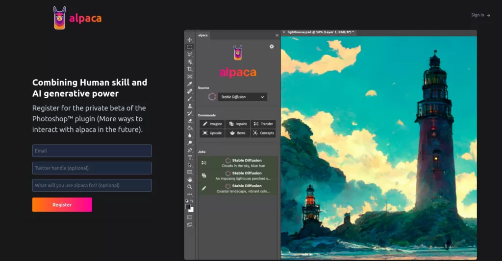 alpaca is a Photoshop Plugin for to combine AI image generation power with human skill.-find-Free-AI-tools-Victrays.com_