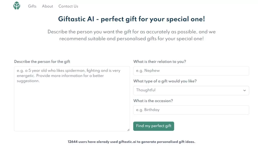 Giftastic.ai is a personalized gift recommendation engine that uses the personal characteristics of the persons you are shopping for and recommends unique and thoughtful gifts they will love and appreciate.-find-Free-AI-tools-Victrays.com_