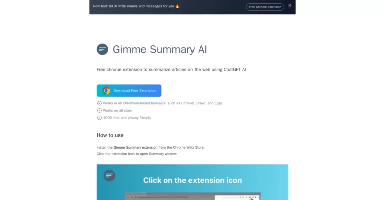 Gimme Summary AI is a free Chrome extension that uses ChatGPT to summarize articles on the web. It is 100% free and privacy friendly. It also has a keyboard shortcut function.-find-Free-AI-tools-Victrays.com_