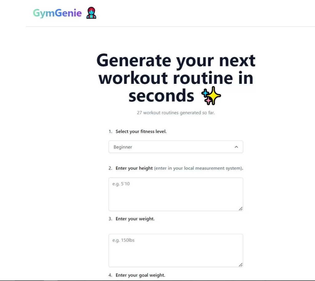 GymGenie is an AI-powered web application that provides customized workout routines based on individual gym goals. It utilizes advanced algorithms and machine learning techniques to generate personalized exercise plans