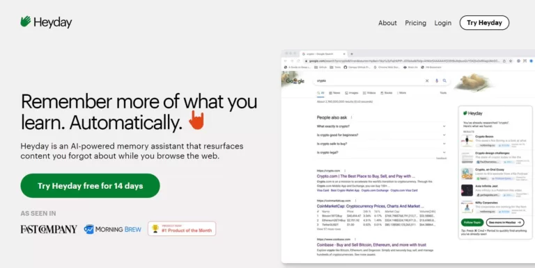 Heyday is an AI-powered memory assistant that resurfaces content you forgot about while you browse the web. Remember more of what you learn. Automatically.-find-Free-AI-tools-Victrays.com_