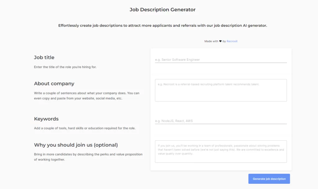 Effortlessly create job descriptions to attract applicants & referrals with Recrooit’s job description AI generator. After working with 200+ companies