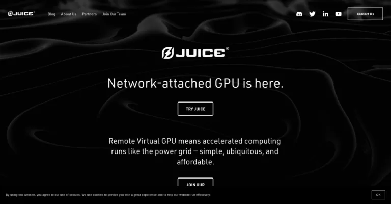 Juice allows GPUs to become fully network attached. Scale up and down your development with no setup time and no commitment to the underlying machine or stack - just connect to a GPU as if it was plugged into your PCIe slot directly. Bare-metal performance on both graphical and ML tasks over **standard networking**! Take advantage of GPU's natural load-balancing telemetry and make GPUs sharable across multiple clients and tasks.-find-Free-AI-tools-Victrays.com_