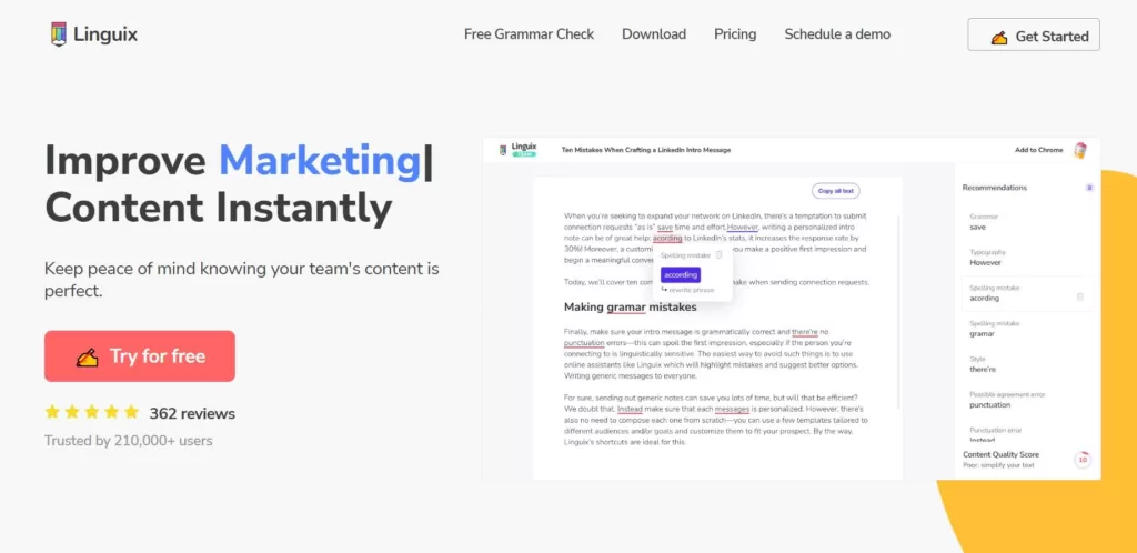 Linguix is an AI writing assistant and grammar checker for content creators and business  professionals. Their Chrome extension offers you sentence rephrasing and checks grammar online in real time on millions of websites used by marketers