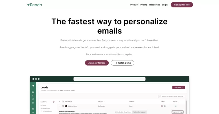 Reach is an outreach personalization and sales enablement tool that generates hyper personalized icebreakers for cold outreach. Faster email personalization that gets replies.-find-Free-AI-tools-Victrays.com_