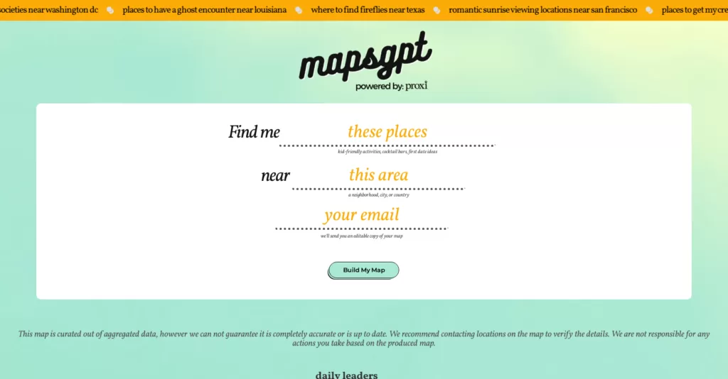 Helps users quickly find and explore interesting places near them using AI. Type in what you're looking for