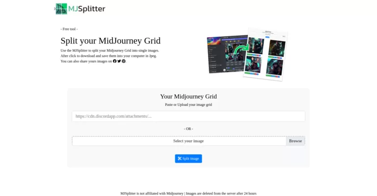 Use the MJSplitter to split your Midjourney Grid into single images. You can input the image either by uploading or pasting a link.