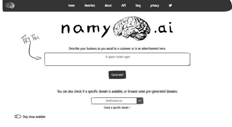 Namy is a simple tool to generate some domain name ideas for your business or brand. Simply enter a few details about your product or brand and hit “Generate!“. The tool will give you a list of fitting domain names