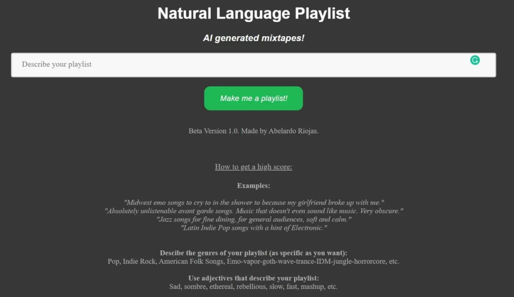 AI generated mixtapes and playlists. Enter a sentence as a prompt and get back a list of songs curated by AI!-find-Free-AI-tools-Victrays.com_