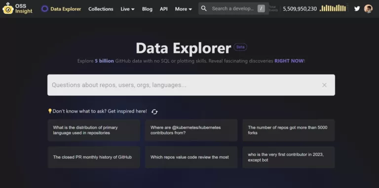 Data Explorer by OSS Insight is a GPT-powered querying tool for GitHub live data exploration. Simply ask your question in natural language