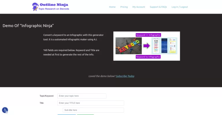 An automated infographic maker using A.I. Converts a keyword into an Infographic. It requires a keyword and title to generate the rest of the information. It is a part of Outline Ninja's suite of products.-find-Free-AI-tools-Victrays.com_