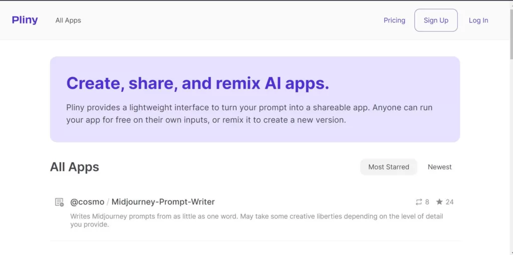 Pliny provides a lightweight interface to turn your prompt into a shareable app. Anyone can run your app for free on their own inputs