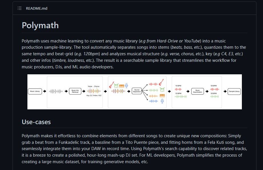 Polymath uses machine learning to convert any music library (e.g from Hard-Drive or YouTube) into a music production sample-library. The tool automatically separates songs into stems (beats