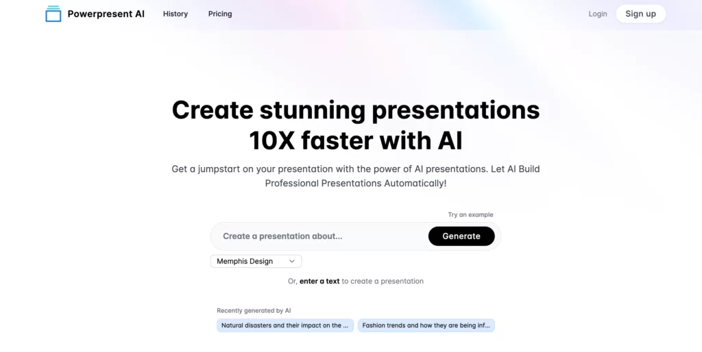 Powerpresent AI is an automated presentation-creating tool that allows users to quickly and easily generate visually appealing presentations. It uses AI technology to automatically generate professional presentations from topics or text that users input. It also allows users to select art styles to enhance their presentations. The presentations can be exported to Google Slides or downloaded as a PPTX file for easy editing.-find-Free-AI-tools-Victrays.com_