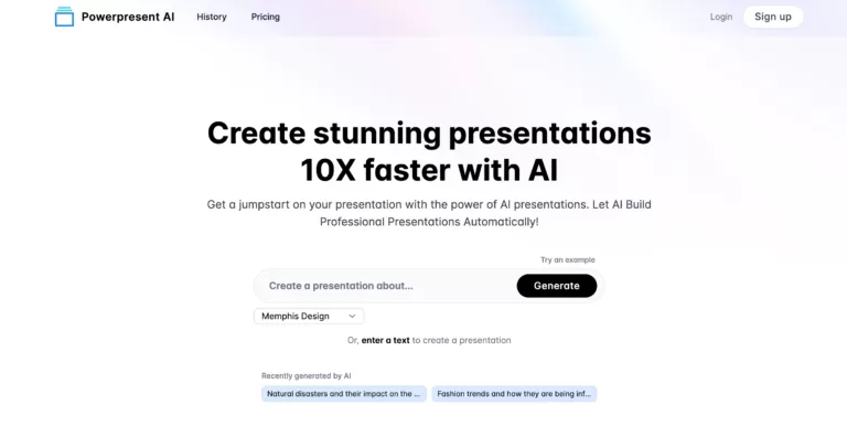 Powerpresent AI is an automated presentation-creating tool that allows users to quickly and easily generate visually appealing presentations. It uses AI technology to automatically generate professional presentations from topics or text that users input. It also allows users to select art styles to enhance their presentations. The presentations can be exported to Google Slides or downloaded as a PPTX file for easy editing.-find-Free-AI-tools-Victrays.com_