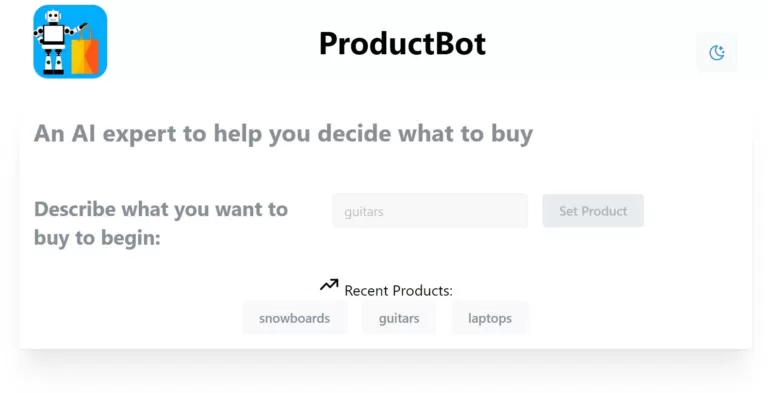 ProductBot is an AI product expert and recommender that assists users in making purchasing decisions. Users can specify their needs
