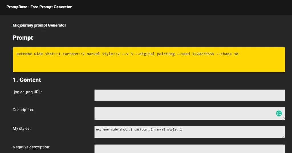 A free prompt generator that helps people create visuals and stories by providing them with ideas and prompts. It offers a variety of options that can be used to create different kinds of visuals and stories. It has options such as cartoon styles
