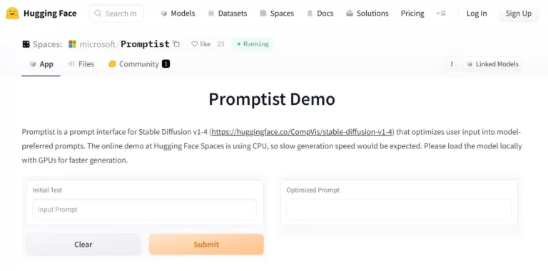 Promptist is a prompt interface for Stable Diffusion v1-4 that optimizes user input into model-preferred prompts. The online demo at Hugging Face Spaces is using CPU