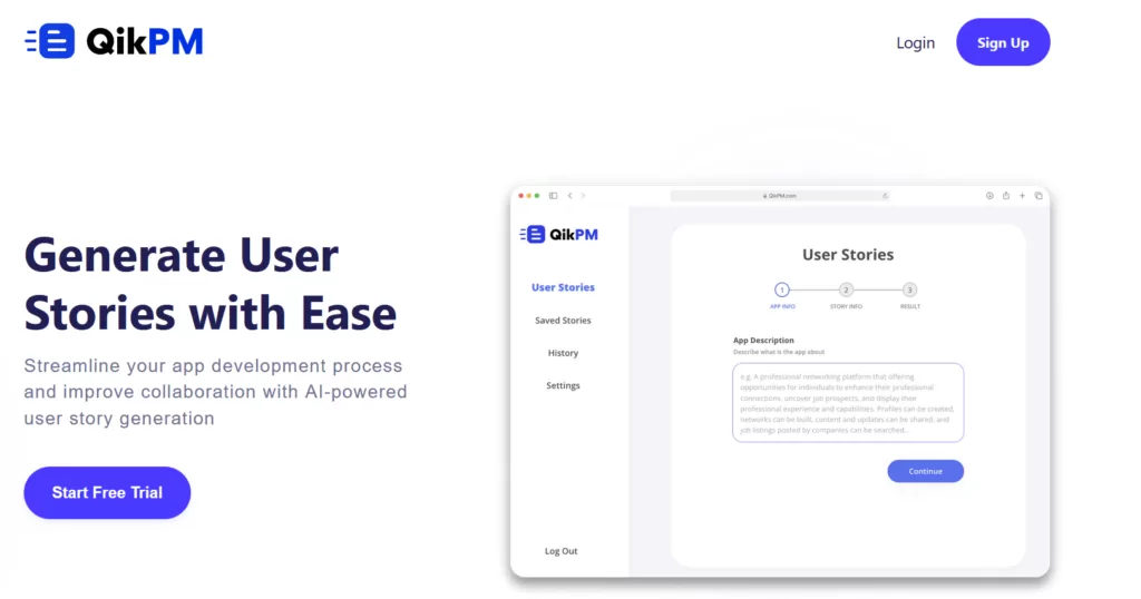QikPM generates comprehensive user stories from simple user story input and app description. Use the tool to effectively write user stories for developers.