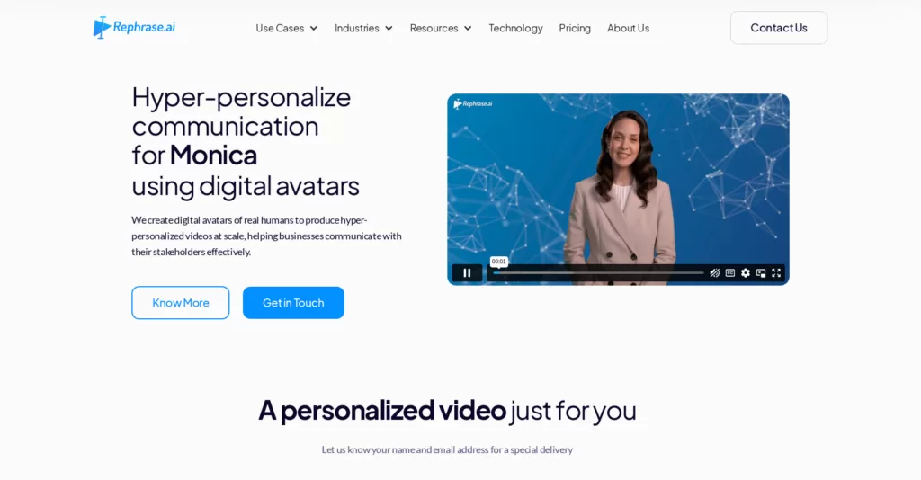 Rephrase.ai's deep tech generative AI technology creates a professional-quality video with real human avatars for content generation and business communications. Innumerable video variants can be rendered with single live-action footage of a person with just the text script as input.-find-Free-AI-tools-Victrays.com_