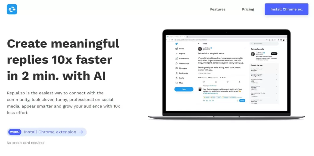 Chrome extension to create meaningful Twitter replies with AI. Replai.so is the easiest way to connect with the community