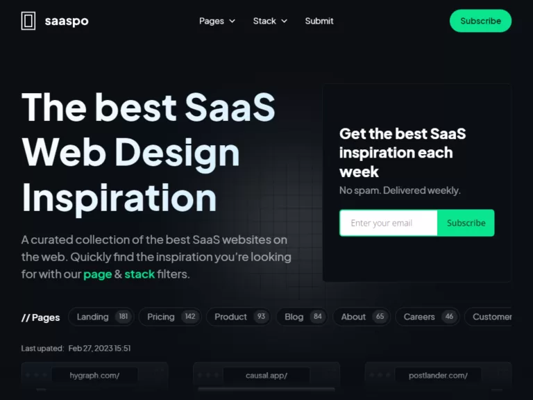Saaspo is the best source of design inspiration for SaaS websites. Quickly find the inspiration you're looking for with our page-type filters.-find-Free-AI-tools-Victrays.com_