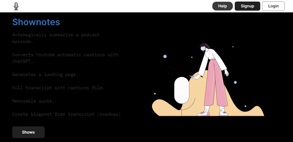 Convert YouTube automatic captions into podcast Shownotes with the help of chatGPT.  Generates a landing page with a summary and a memorable quote from your podcast for you to share.  Includes timed captions file and the complete transcript.-find-Free-AI-tools-Victrays.com_