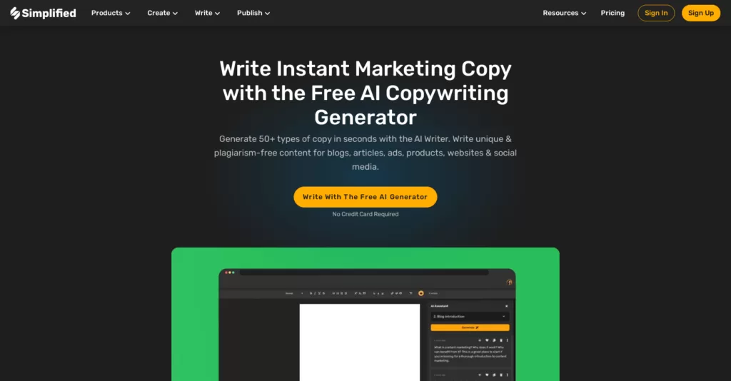Simplified AI Writer is a free ai copywriting assistant that generates high-quality content for blogs