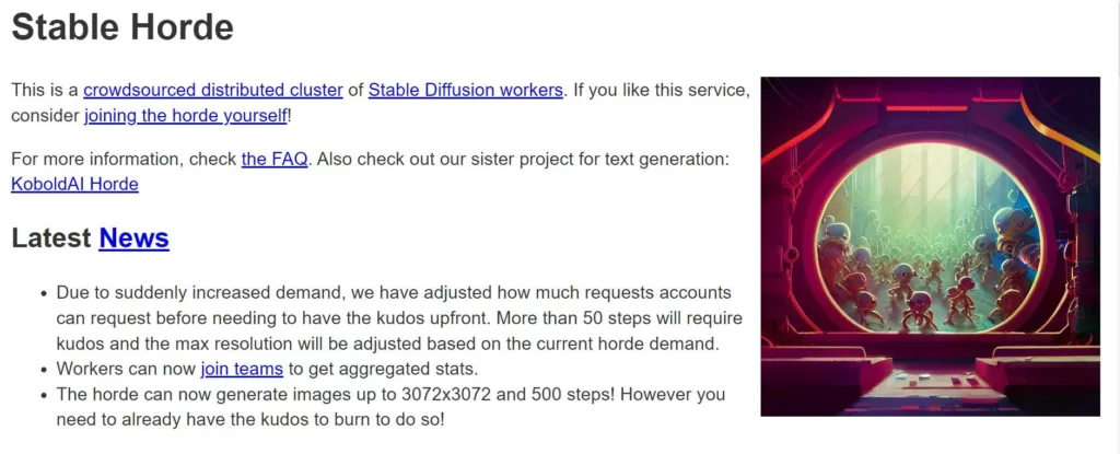 A crowdsourced distributed cluster of Stable Diffusion workers.