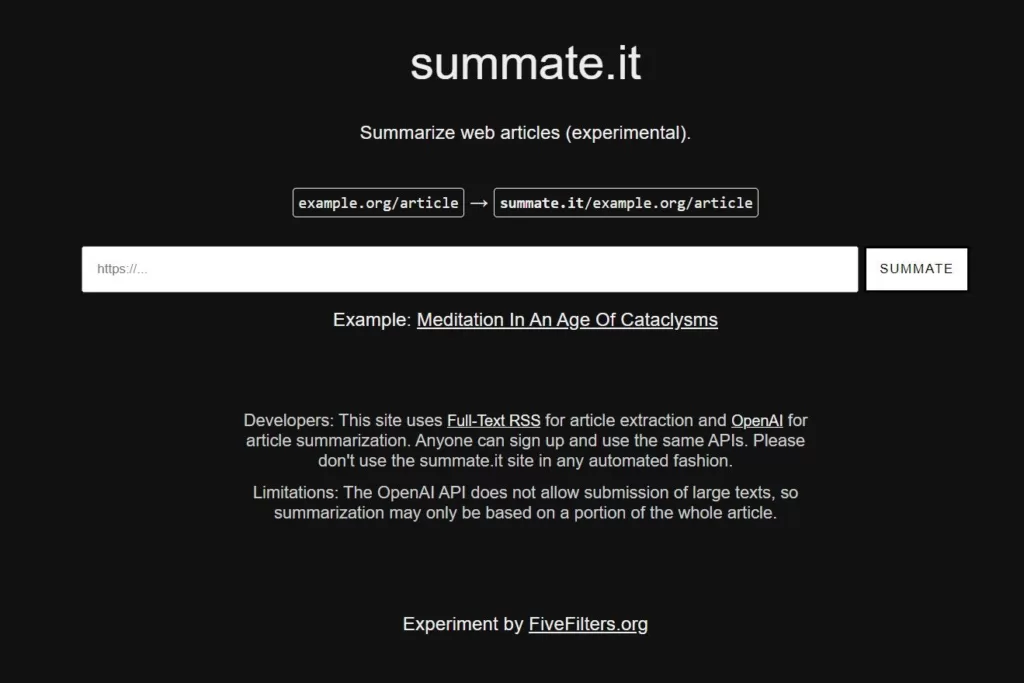 Experimental AI tool that summarizes web articles. The site uses Full-Text RSS for article extraction and OpenAI for article summarization.-find-Free-AI-tools-Victrays.com_
