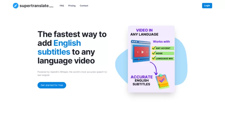 Add accurate English subtitles to any language video in one click. You can upload videos in 100+ languages and Supertranslate automatically generates English subtitles. Supertranslate is powered by OpenAI’s Whisper