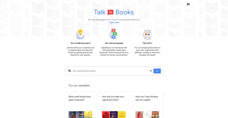 A new way to explore ideas and discover books. Make a statement or ask a question to browse passages from books using experimental AI.-find-Free-AI-tools-Victrays.com_