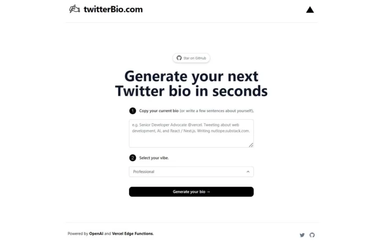 Generate your next Twitter bio in seconds. You can use your current bio as an inspiration for the AI to use or just write a few sentences about yourself. You can select a vibe from professional