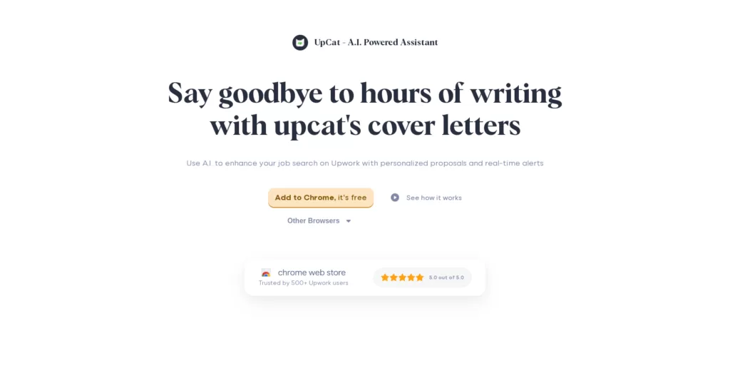 UpCat is a browser extension that can help Upwork users write A.I-generated cover letters for job applications.