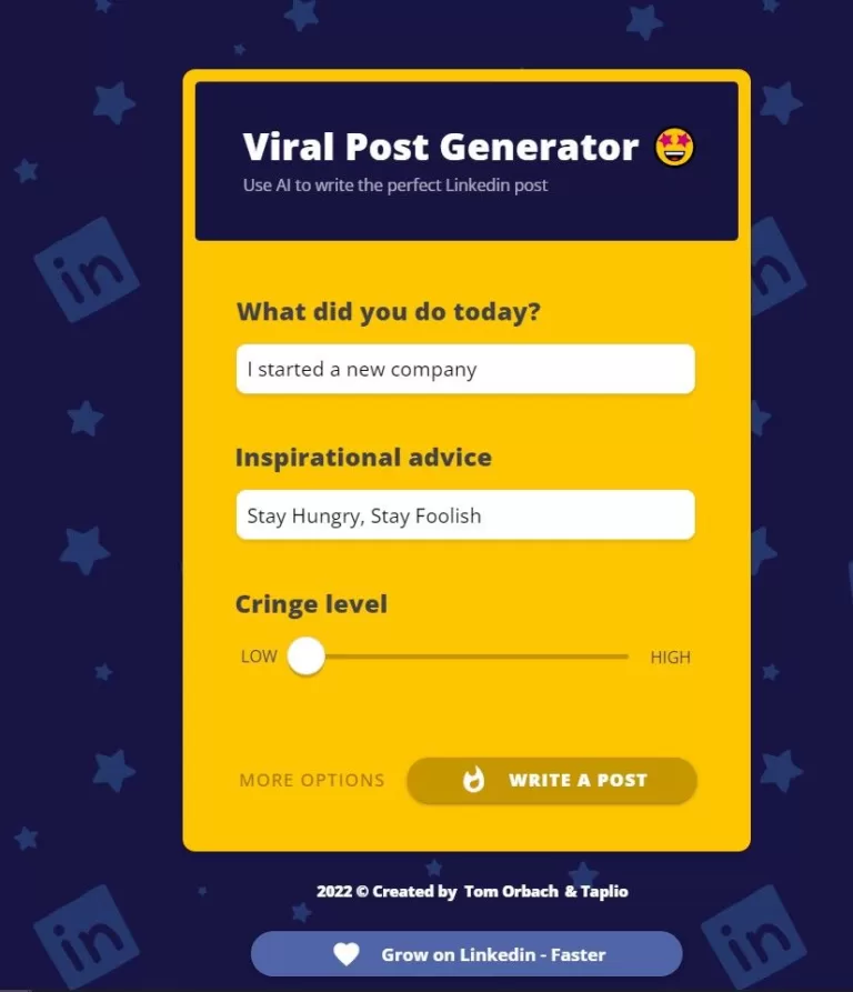 Generate Viral Posts for LinkedIn. Has settings for event