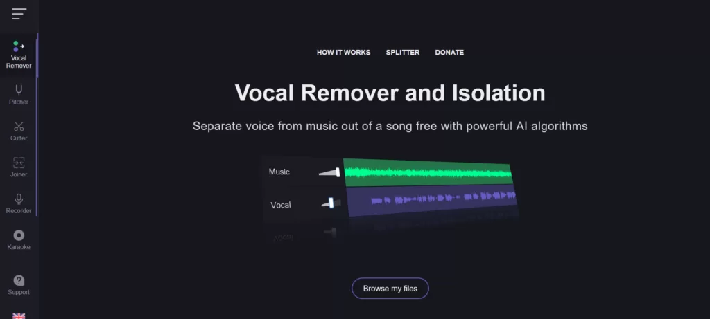 Split music into separated vocals and instrumental track. Perfect for making karaoke backing tracks or accapella extractor. Once you choose a song