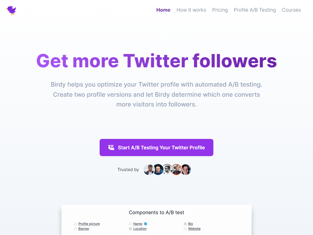 Birdy helps you optimize your Twitter profile with automated A/B testing. Create two profile versions and let Birdy determine which one converts more visitors into followers.-find-Free-AI-tools-Victrays.com_