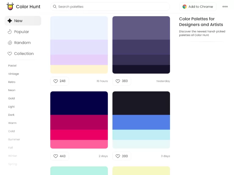 Discover the newest hand-picked color palettes of Color Hunt. Get color inspiration for your presentation in minutes without needing to think.-find-Free-AI-tools-Victrays.com_
